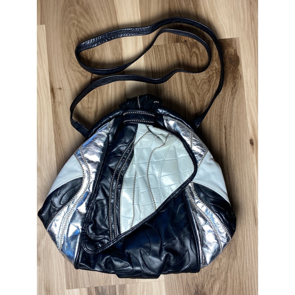 Vintage Colorblock Leather Handbag Black Silver White Embossed‎ Purse Bag